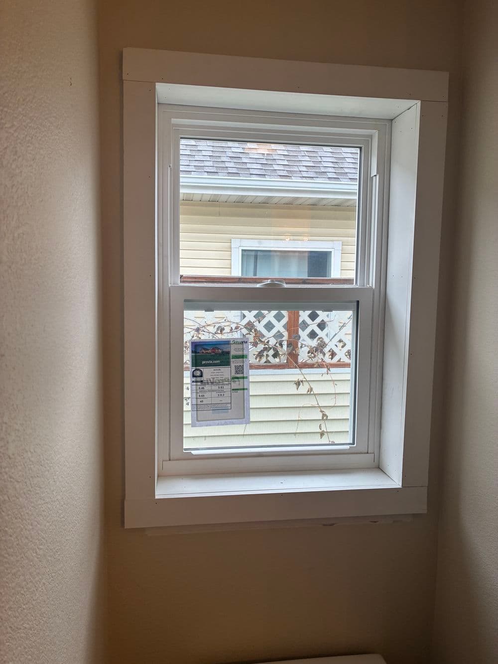 Interior window with a view of a house exterior and hanging plant by a lattice fence.